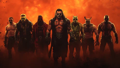 Armored demon warriors stand united before fiery inferno