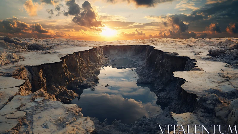 Cracked barren terrain surrounds reflective water-filled sinkhole