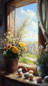 Spring cottage window scene with flowers and Easter eggs.