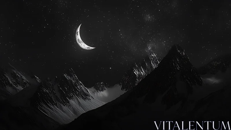 Silver crescent moon gently watching over quiet mountain peaks