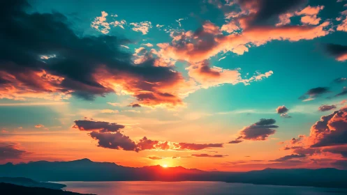 Vibrant cyan orange coastal sunset with stratocumulus clouds