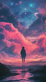 Silhouetted figure gazes into neon nebula sky and misty shore.