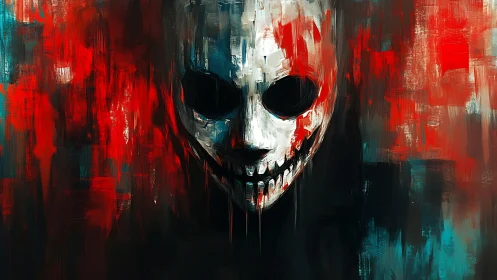 Grinning skull mask emerges from abstract red teal brushstroke field