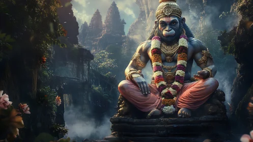 Monumental simian deity statue in misty jungle temple ruins