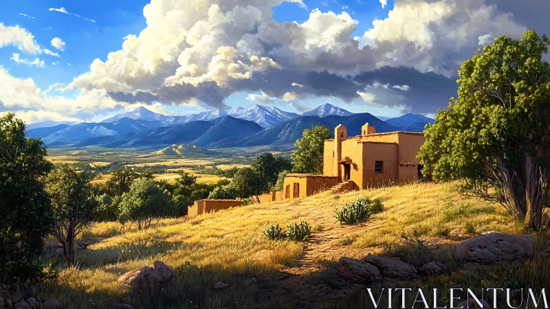 Adobe house on grassy hillside under distant mountain range.