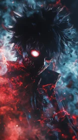 Dark anime figure with glowing eyes in red energy storm.