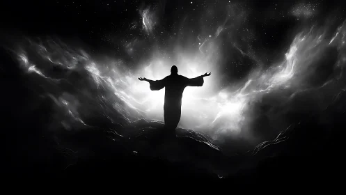 Silhouetted figure welcomes radiant cosmic storm in light.