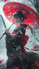 Samurai woman in black kimono with red umbrella stands poised.