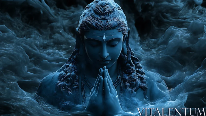 Midnight blue deity in serene prayer amid swirling clouds.
