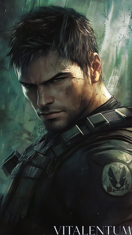 Male tactical figure is rendered in detailed digital portrait