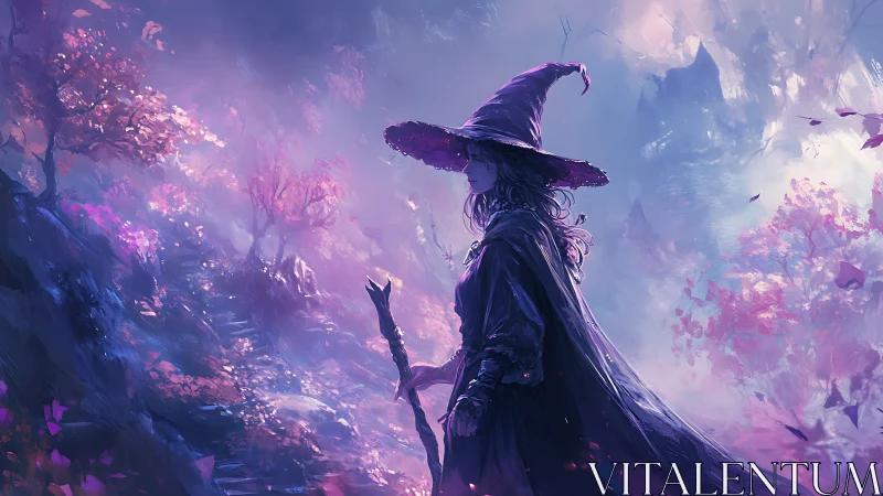 Moonlit witch wanders through a glowing enchanted forest