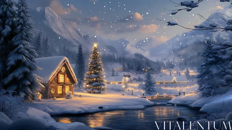 Snow covered cabin and village under soft evening lights.