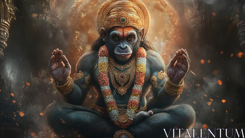 Serene monkey deity offers calm blessings in glowing temple