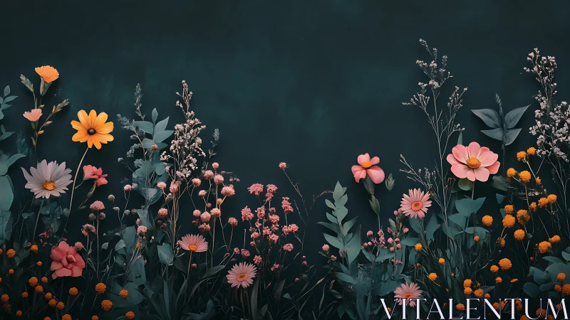 Botanical Composition with Pink and Orange Florals Against Dark Teal Background