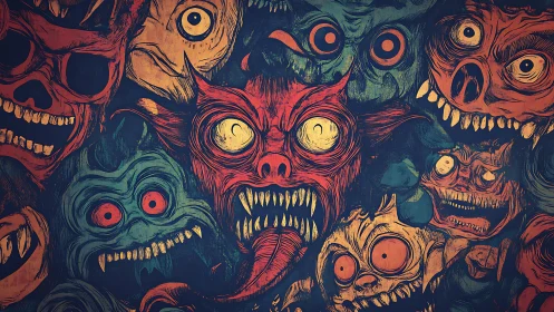 Grotesque demon faces packed in chaotic horror collage.