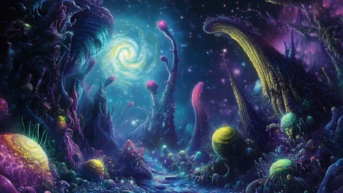 Bioluminescent alien forest under swirling cosmic sky.