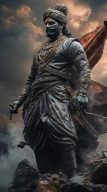 Monumental warrior statue rendered with high-contrast atmospheric lighting