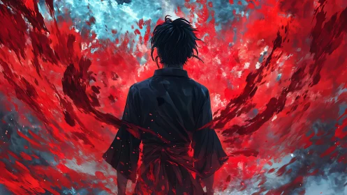 Lone warrior commands swirling crimson energy storm.