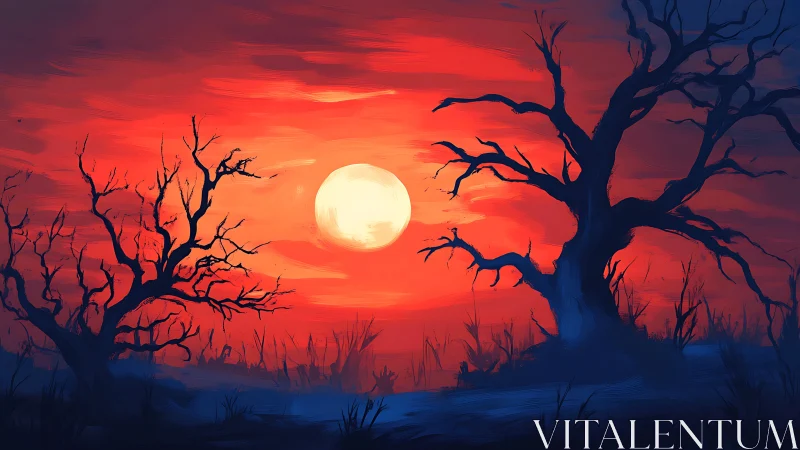 Crimson twilight sky over haunted barren trees and moon.