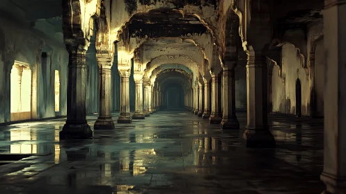 Abandoned corridor of stone arches with reflective floor.