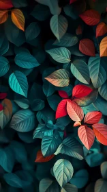 Color-split foliage layers with deep teal and red contrast.