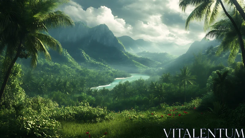 Lush jungle valley opens toward a calm winding tropical river