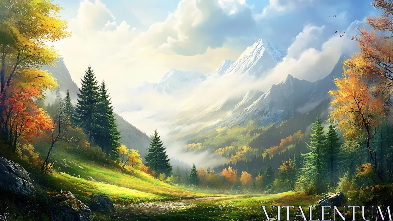 Sunlit alpine valley opens beneath misty snow peaks