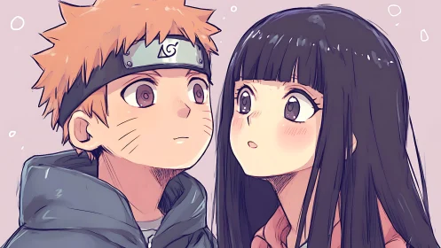 Soft blush and shinobi gazes in pastel-sweet anime romance.