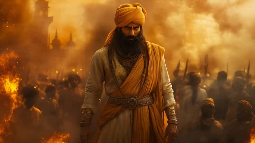 Fiery warrior in saffron robes strides through smoky battlefield
