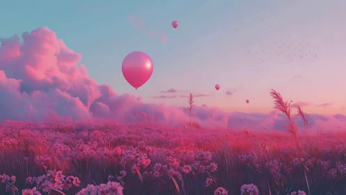 Pink balloons drift above a dreamy cotton-candy horizon