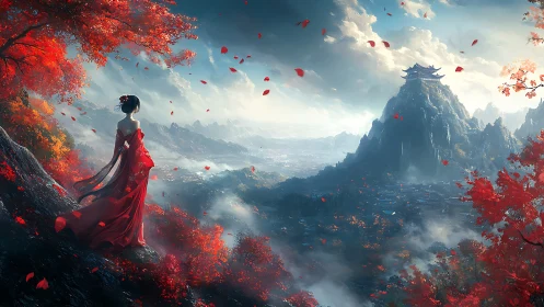 Woman in red overlooking misty mountain temple valley.