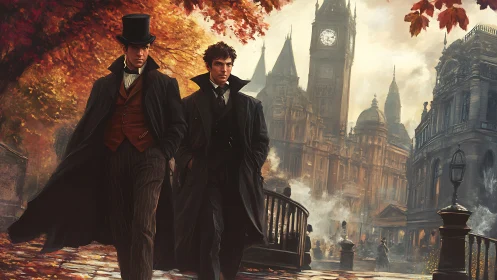 Victorian detectives traversing smog-dense autumn London streets.