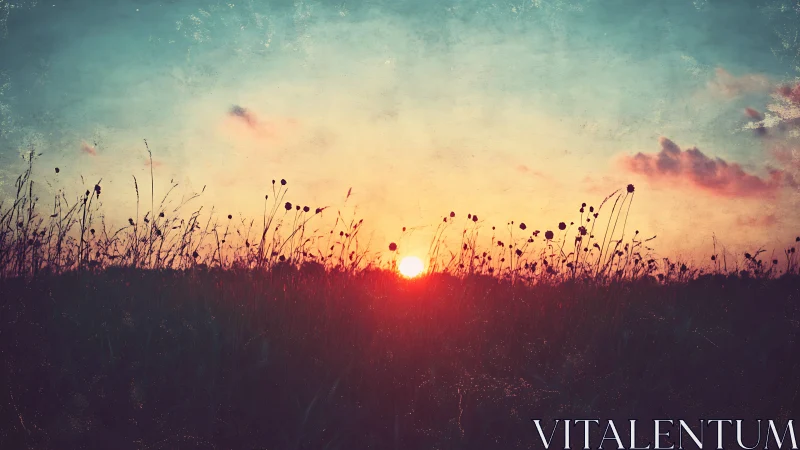 Soft sunrise glows behind wild meadow silhouettes