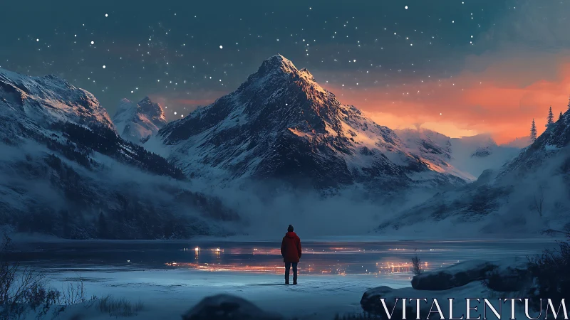 Lone figure studies frozen lake under glowing alpine dusk sky
