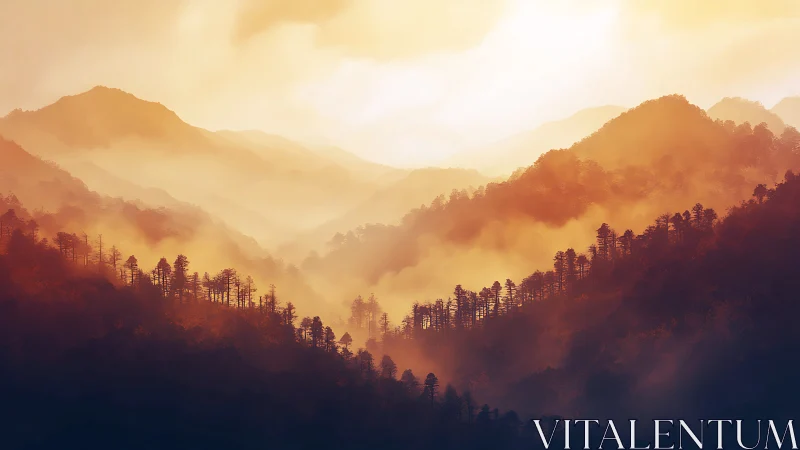 Sunlit mist rivers weaving through ember-tinted pines.