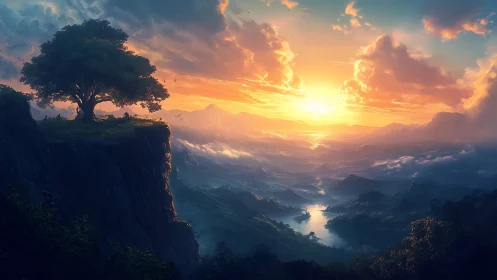 Solitary cliffside tree greeting a spellbound sunrise sky.
