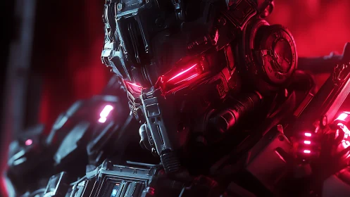Cybernetic combat exosuit with red neon visor illumination