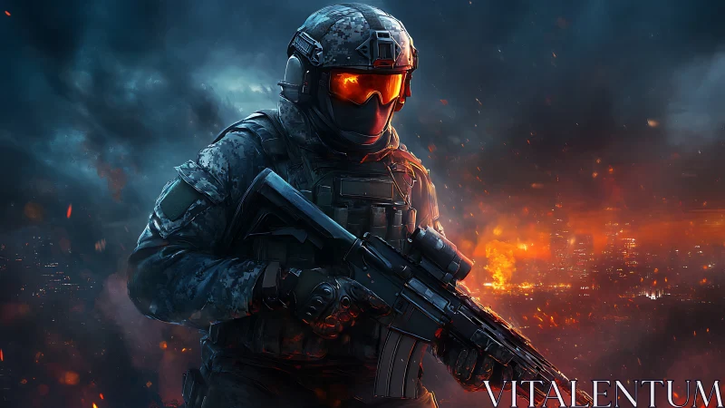 Armored soldier holding rifle in burning urban combat zone.