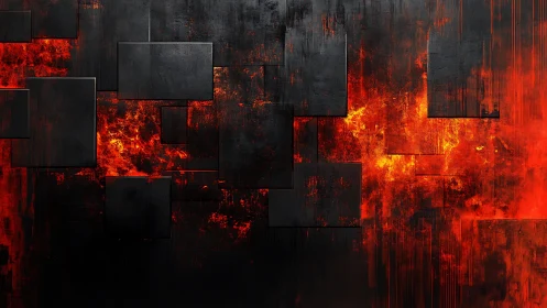 Abstract black geometric panels over fiery red digital background.