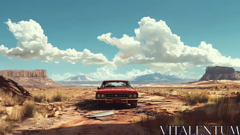 Abandoned red car anchors panoramic desert vista under cumulus