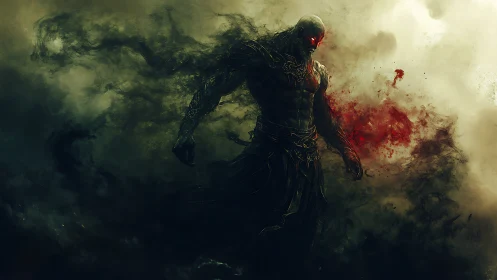 Dark humanoid figure emerging from swirling smoke field.