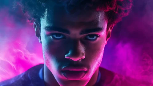 Intense neon portrait captures raw focus in glowing haze