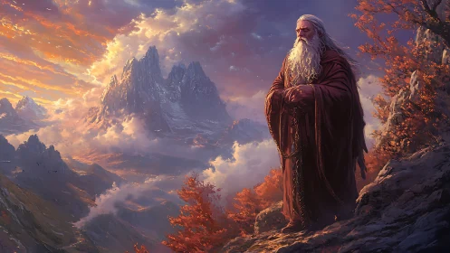 Mountain dusk crowns the wandering sage in ember robes