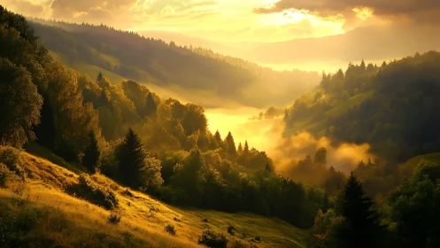Golden Valley Morning Light Breaking Through Mountain Mist