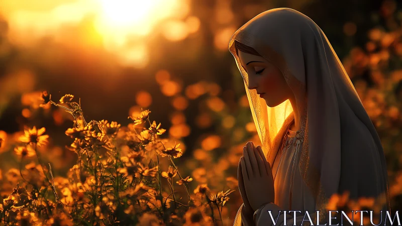 Gentle veiled woman prays softly amid golden sunset blooms