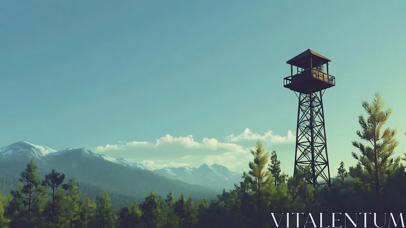 Quiet watchtower rises over peaceful pine forest valley