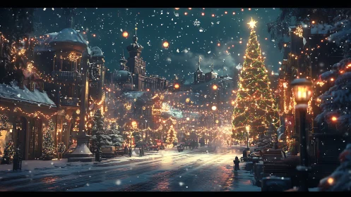 Digital painting of illuminated festive city street at night.