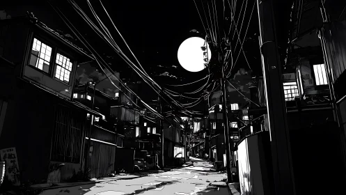 Quiet moonlit alleyway wrapped in gentle nighttime glow.