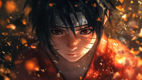 Close frontal portrait of anime warrior amid glowing embers.