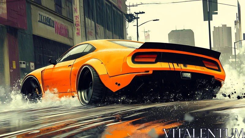 Roaring orange muscle car carves speed through rainy streets